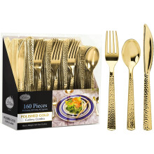 VeZee 320 Pcs Disposable Extra Heavyweight Gold Plastic Tableware.Lillan Tablesettings PACKAGE INCLUDES 160 Forks, 80 Spoons & 80 Knives |2 Packs