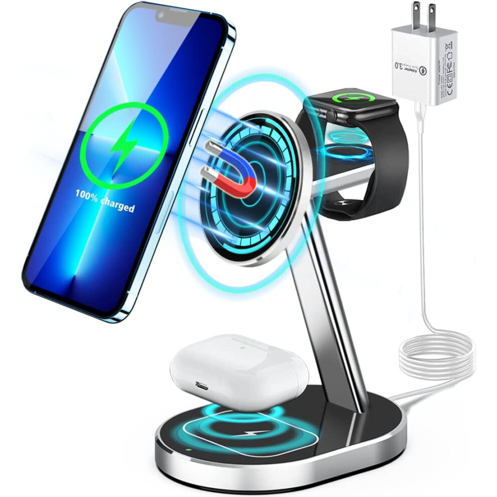 Aluminum Alloy 3 In 1 Magnetic Wireless Charging Station,15W Fast Wireless Charging Compatible With Magsafe Charger 9110895370698