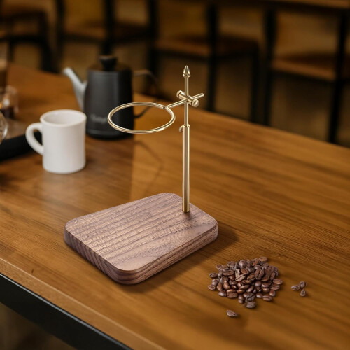 Walnut Pour Over Coffee Stand with Adjustable Brass Ring, 360 Rotation and Elegant Base 2