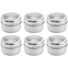 Conjunto de 6 potes magnéticos transparentes para temperos e molhos, em aço inoxidável, ideais para armazenar especiarias e molhos na cozinha.