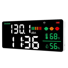 4-in-1 Decibel Meter with 11in LED Display, Time, Humidity, Temperature; 30-130dB Range, Wall Hanging Sound Level Meter for Home