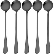 Stainless Steel Spoons Set (5 PCS, Black) - Kitchen Serving, Soup, Coffee & Dessert Spoons, Mirror Finish - Compatible with