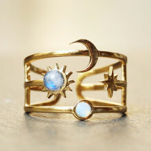 Adjustable Croissant Chain Ring for Girls, Compatible with Sun Moon Celestial Jewelry, Gold Opal Youth Ring Size 5 Birthday Gift