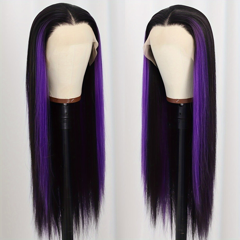 Unisex Purple Highlight 13X4 Lace Front Wig, Deep Space Silky Straight Heat Resistant Synthetic, Preplucked Hairline, Long Ombre Glueless Wig For Daily