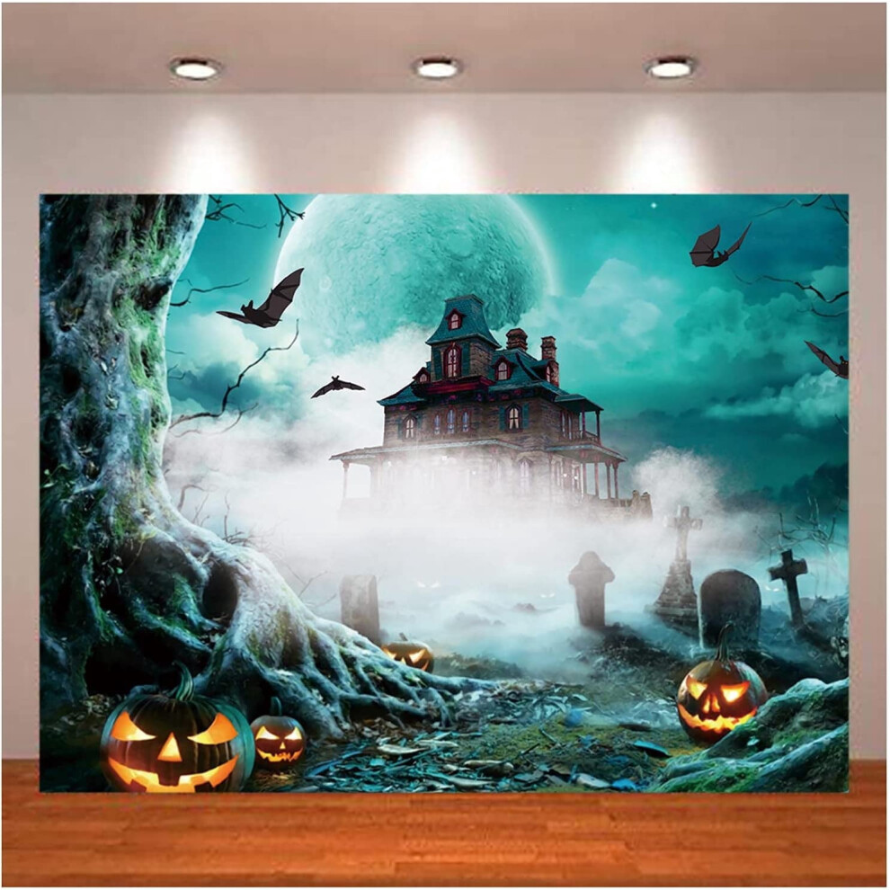 Halloween Photo Backdrop Watercolor Pumpkin Pumpkin Scary Graveyard Castle Night Full Moon Photography Background 9389440566309