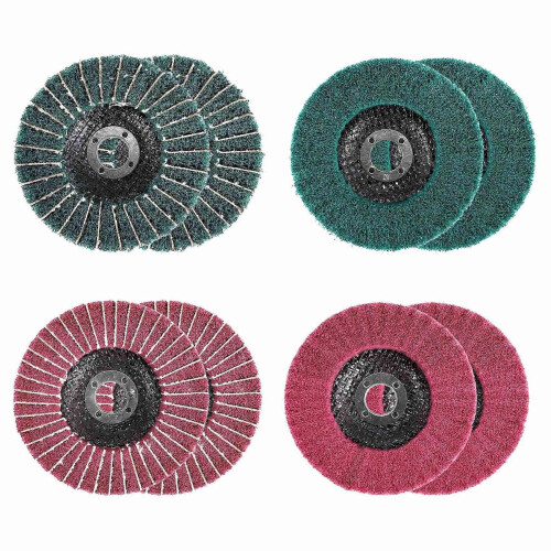 Conjunto de 8 discos de lixa de fibra de nylon de 4 polegadas nas cores vermelha e verde, sortidos para lixar, esmerilhar e polir. 1