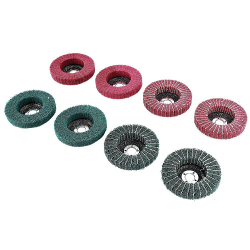 Conjunto de 8 discos de lixa de fibra de nylon de 4 polegadas nas cores vermelha e verde, sortidos para lixar, esmerilhar e polir. 2