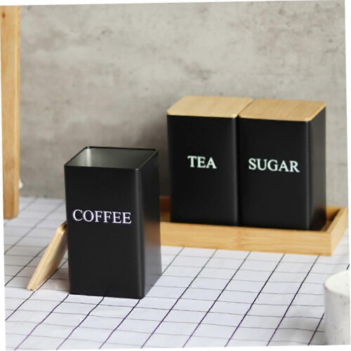Conjunto de 3 peças de potes de ferro para chá, café e açúcar com bandeja, tampa de bambu. 2