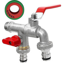 Doppel-Gartenarmatur, Messing-Wasserhahn, Premium-Doppel-Wasserhahn 3/4 Zoll BSP Messing, rost- und frostbeständig + 2 kostenlose Schlauchverbinder