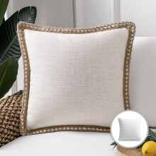 Phantoscope Linen Trimmed Farmhouse Series Decorative Throw Pillow, 22" x 22", Off White, 1 Pack