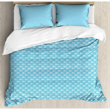 Fish Scale Duvet Cover Set, Retro Diagonal Pattern in Blue Ombre, 3-Piece Bedding with 2 Pillowcases, Pale Blue & White