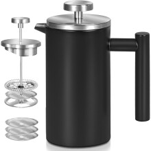 Black Stainless Steel French Press 50oz, Double Wall Insulated, with 3 Screens & Spoon, Silver - Compatible with Coffee & Tea