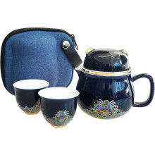 Ceramic Tea Set with Teapot and Cups, Japanese Style Handmade Porcelain, GiftReady in Blue Case