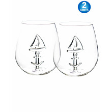 Sail Boat Wine Glass 2 PC SET, 650ml Stemless with 3D Sailboat & Anchor Design - Nautical Theme for Wine, Boating, Sailing