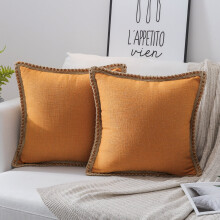 Phantoscope Farmhouse Burlap Linen Tailored Edge Series Decorative Throw Pillow, 20" X 20", Orange, 2 Pack