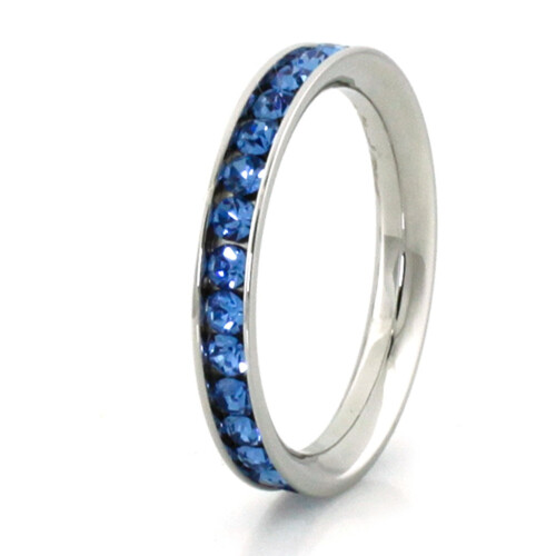 Stainless Steel Eternity 3 mm Ruby & Blue Sapphire Color Crystal Stackable Rings (2 pieces) Set 2