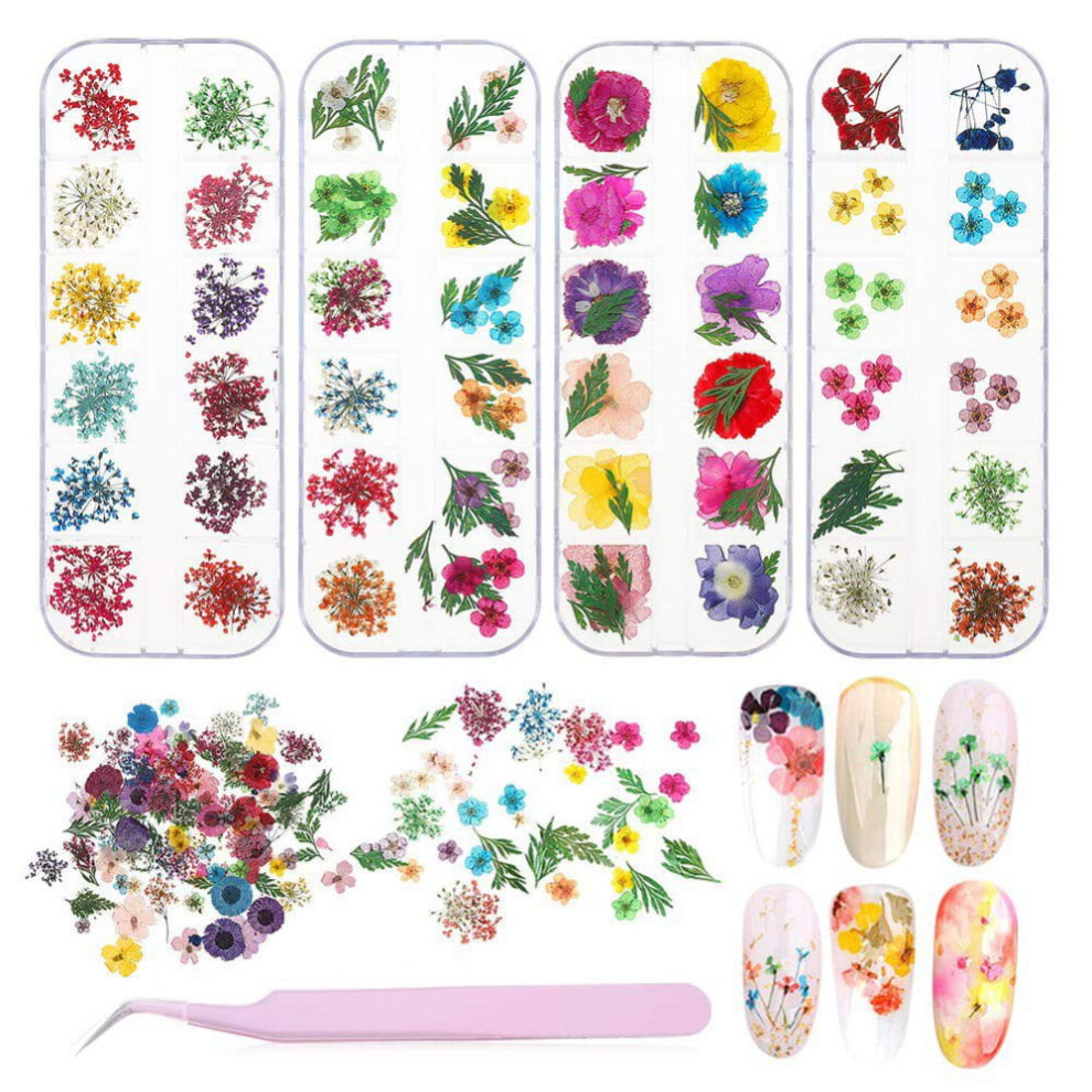 4 Boxes Dried Flowers for Nail Art,Mini Real Natural Dried Flowers Chrysanthemum Gypsophila Nail Stickers,Small Crafts Cards DIY Decorations Supplies