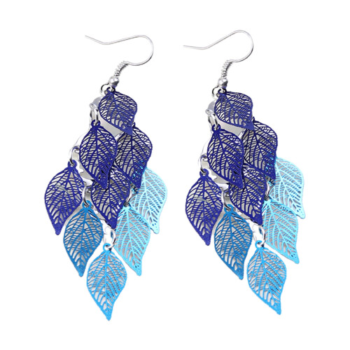 Pnellth 1 Pair Lady Earrings Leaf Shape Long Creative Drop Earrings for Prom Blue