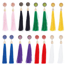 8 Pairs 8 Colors Rose with Cotton Tassel Dangle Stud Earrings Golden Alloy Long Drop Earrings for Women Mixed Color 115mm Pin: 0.7mm 1 Pair/color