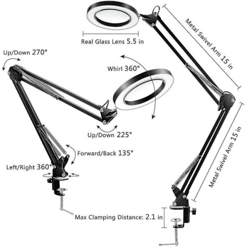 LED magnifying lamp with clip, 1,500 lumens, continuously dimmable, 3 color modes 2