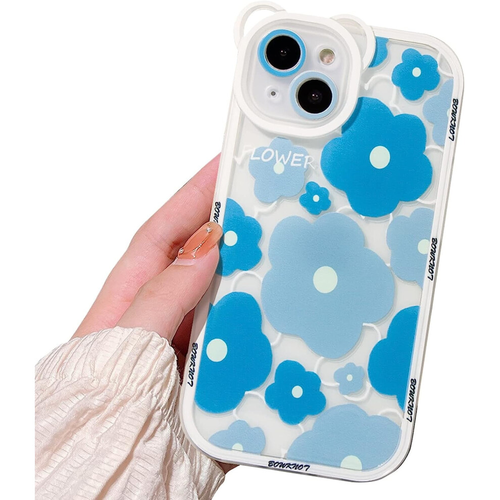 Compatible With Iphone 14 Case, Clear Floral Bear Camera Lens Design, Soft Tpu Shockproof Cover For Women/Girls - Blue 9389440662308