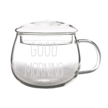 Heat-Resistant Glass with Handle, 350ml Microwave Mug compatible with milk, coffee, tea, water - White Letter Cup with Lid