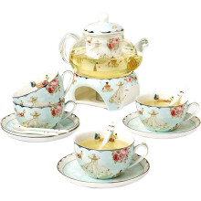 Porcelain Tea Set with Heated Glass Teapot, 4 Bone China Cups and Saucers for Wedding or Home