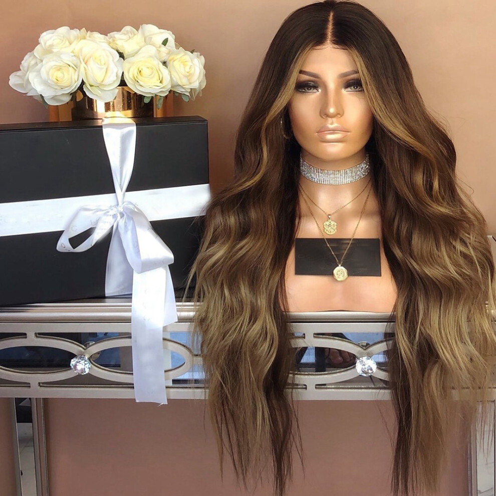 Unisex Black,Brown Heat Resistant Black To Brown Gradient Synthetic Wig Curly Wavy