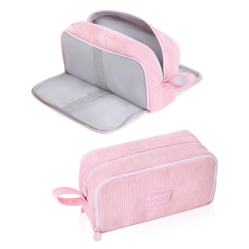 Corduroy Pencil Case Large Makeup Bag with Smooth Zipper for School Office Pink Durable Fabric
