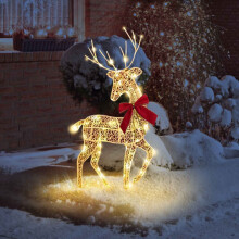 Ranliy Lighted Christmas Reindeer Family, Metal Rattan Deer with 60 LED Lights & Ground Stakes, Outdoor Yard Lawn Decor
