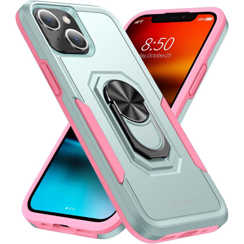 Sumao For Compatible With Iphone 13 Case With Ring,Military Grade Shockproof Liquid Silicone Slim Phone Case-+ Green/Pink 9389440804999