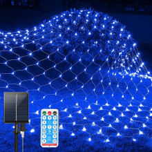 Solar Net Mesh String Lights, 9.8ft x 6.6ft 192 LED Outdoor Waterproof LED Lights with Remote for Party Christmas Holiday Garden Decor, Blue