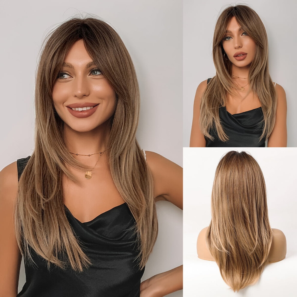 Unisex Dark 24-Inch Long Blonde Synthetic Wig With Bangs, Roots & Adjustable Cap - Breathable Mesh, Realistic Hairline
