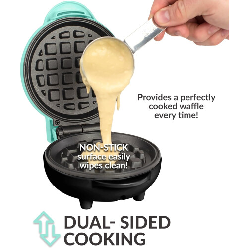 Teal Waffle Maker with NonStick Plates and Indicator Lights for Compact Homemade Breakfast 2