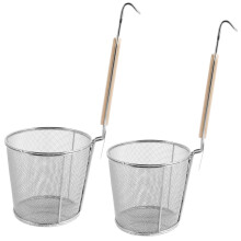 Grusce 2Pcs Mesh Pasta Basket Stainless Steel with Wooden Handle, Hangable Noodle Strainer, Reusable Skimmer for Kitchen