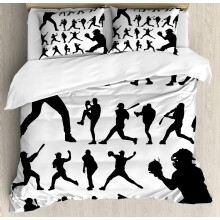 Sports Duvet Cover Set, Black Silhouettes of Players in Action, Teamwork Fun, 3-Piece White & Black Bedding with 2 Pillowcases