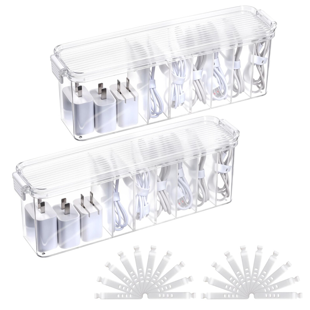 2 Pack Transparent Cable Organizer Box With Lid And 20 Ties, Large Desk Cord Management Storage 9070919145087