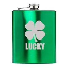 7 oz Stainless Steel Hip Flask Lucky Four Leaf Clover (Green)