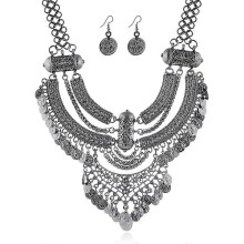Fashion Bib Necklace for Girls, Bohemian Statement Necklace with Coins and Earrings, Punk Ethnic Style, Jewelry Set for Women