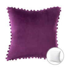 Phantoscope Velvet Series Pom Pom Square Decorative Throw Pillow, 22" x 22", Dark Purple, 1 Pack