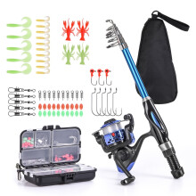 Tomfoto Fishing Rod Reel Combo Full Kit 1.5m Telescopic Fishing Rod Spinning Reel Set with Hooks Soft Lures Barrel Swivels Storage Bag