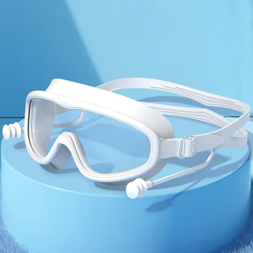 Swimming goggles with large frames for children with earplugs white