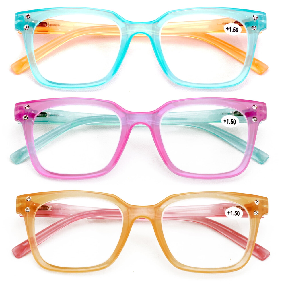 3 Pairs Women Translucent Pastel 2-Tones Reading Glasses With Rhinestones - Clear Lens Reader DR06 +1.75