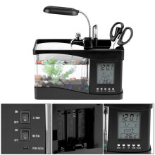 Compact USB Fish Tank Aquarium with LED Light and Clock Black Color