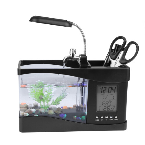 Compact USB Fish Tank Aquarium with LED Light and Clock Black Color 2