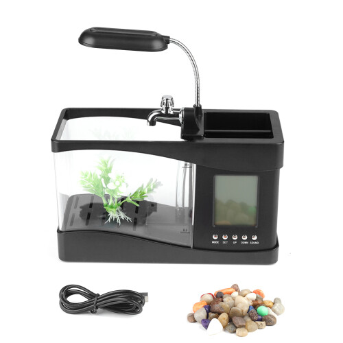 Compact USB Fish Tank Aquarium with LED Light and Clock Black Color 1