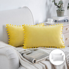 Phantoscope Pom Pom Velvet Series Decorative Throw Pillow, 12" x 20", Yellow, 2 Pack
