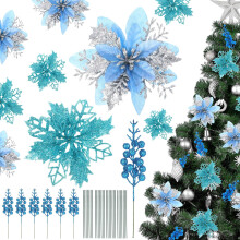 36 Pcs Christmas Artificial Light Blue Poinsettia Flowers with Berry Stems, Glitter Tree Picks Decor for Xmas, Wedding, Winter Party, Wreath, Garland