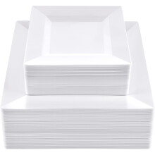100 Pcs White Square Plastic Plates - 50 Heavy-Duty 9.5" Dinner & 50 6.5" Salad Plates, Disposable