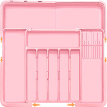 Expandable Kitchen Drawer Organizer with Knife Block Inserts, Adjustable Cutlery Tray for Silverware and Utensils, Pink
